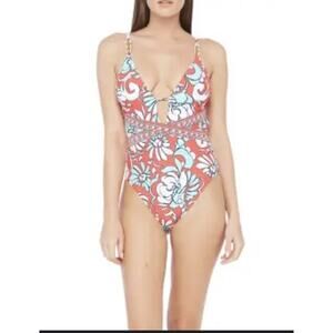Trina Turk $158 Garden Bloom Plunge One Piece Swimsuit Red Gold Hardware Size L
